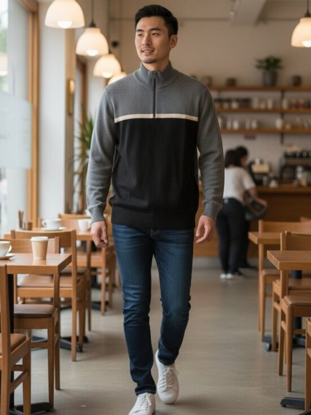 Men's Half-Zip Colorblock Sweater - Gray/Black